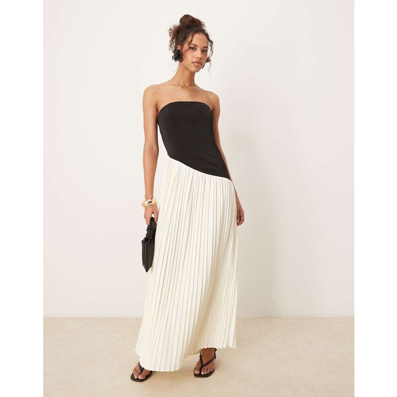Six Stories asymmetric pleated maxi dress in monochrome-Multi