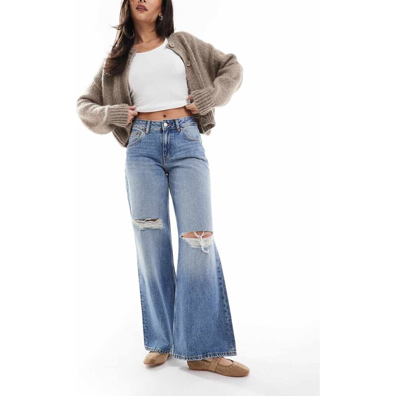 Dr Denim Rhue low waist wide leg flare jeans with rips in stream sky 104936466