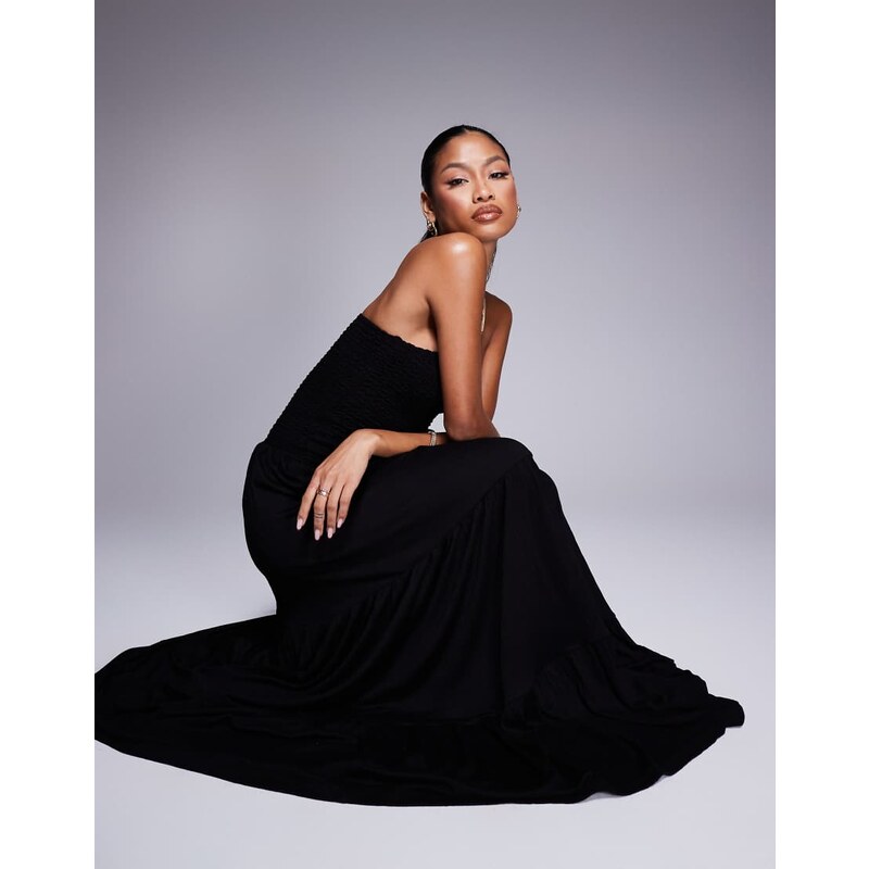 ASOS DESIGN crinkle bandeau shirred bodice tiered maxi dress in
