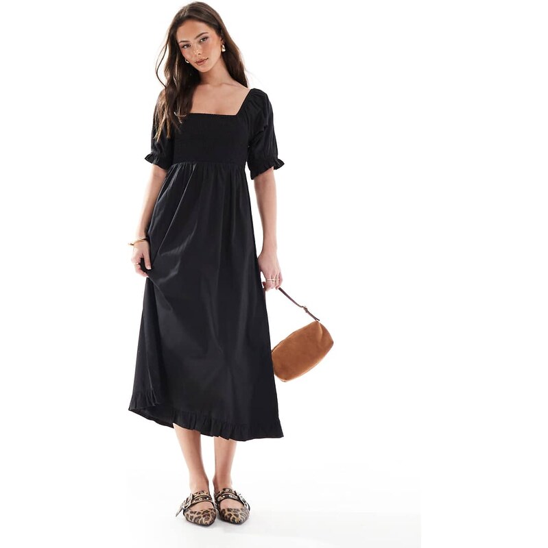 Wednesdays Girl shirred detail midaxi smock dress in black