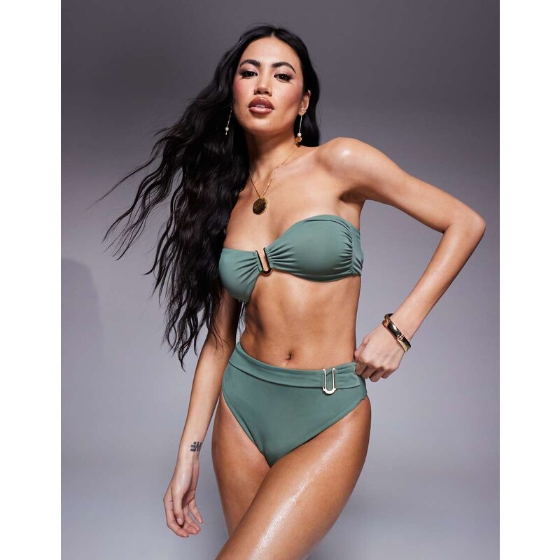 ASOS DESIGN Ella high waist bikini bottom with gold trim in khaki 104951744
