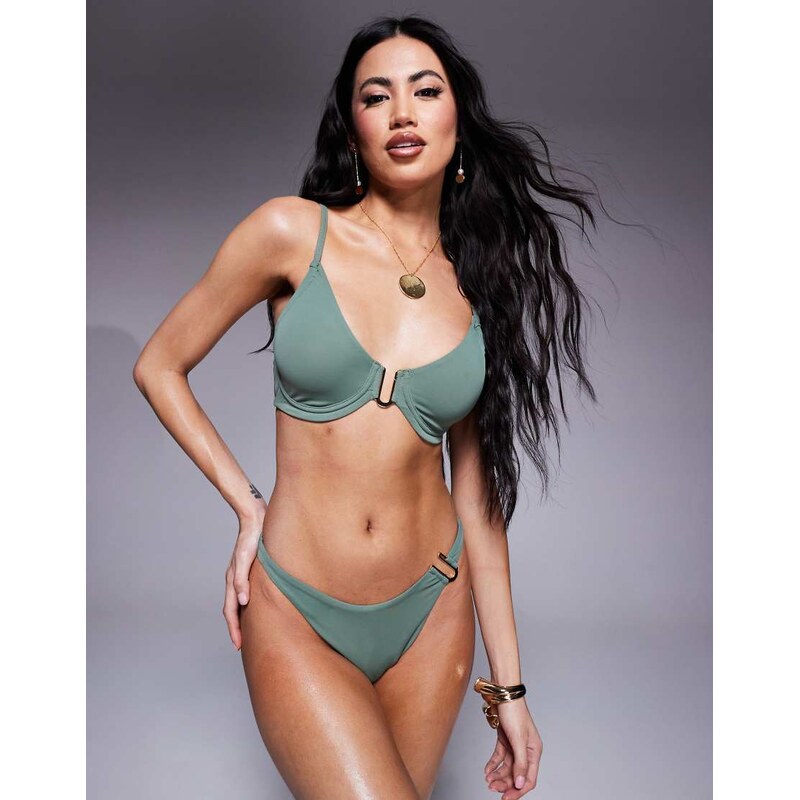 ASOS DESIGN Ella underwire bikini top with gold front trim in khaki 104951746