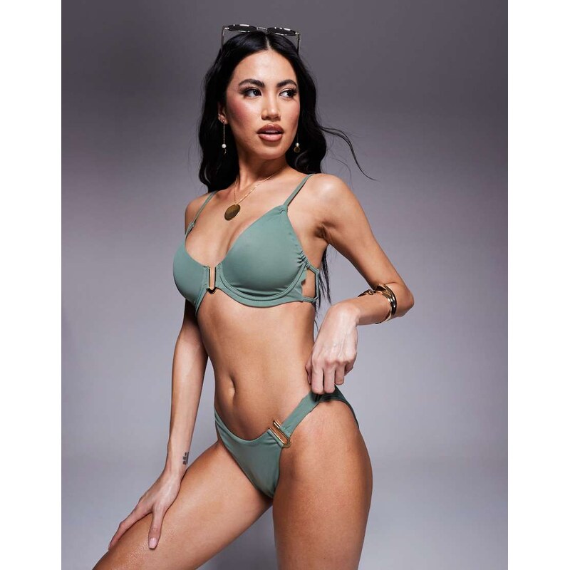 ASOS DESIGN Ella high leg hipster bikini bottom with gold trim in 104951747