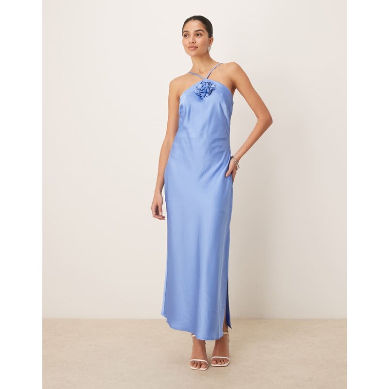 YAS halter neck satin maxi dress with corsage detail in provence blue 104951877