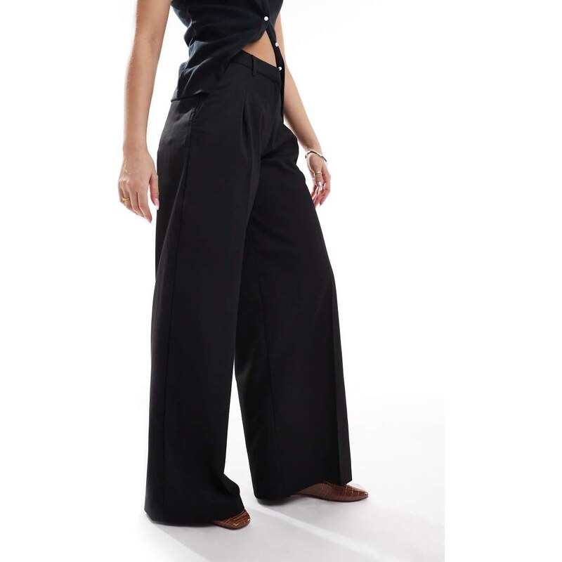 Monki high waist wide leg trousers with front pleat in black
