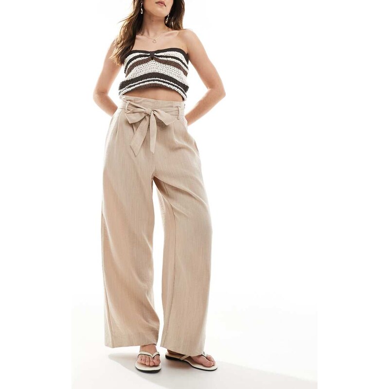 ONLY tie waist wide leg trousers in beige-Neutral