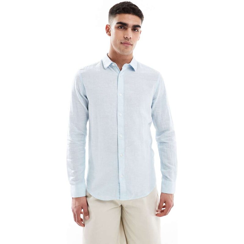 ONLY & SONS linen mix long sleeve shirt in light blue