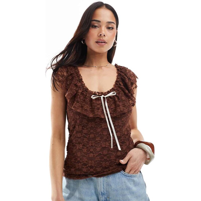 Miss Selfridge lace ruffle detail bow top in brown-White 104960562