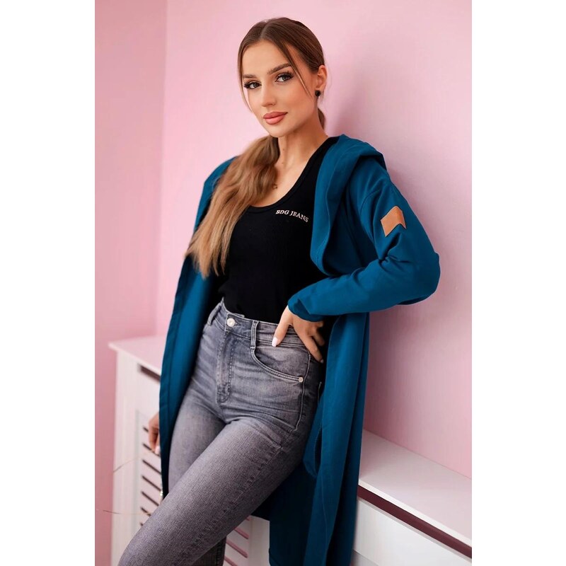 MladaModa Dlouhý kardigan s kapucí a kapsami model 9077 tmavý 87430584