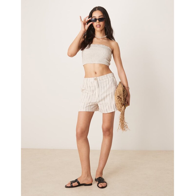 ASOS DESIGN relaxed dad short with linen in natural squiggle stripe 105876957