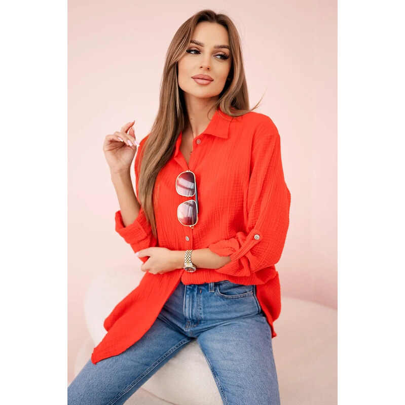 K-Fashion Bavlněná mušelínová košile oversize červený