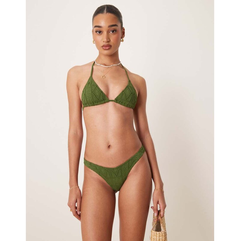ASOS DESIGN Bertie broderie high leg bikini bottom in olive