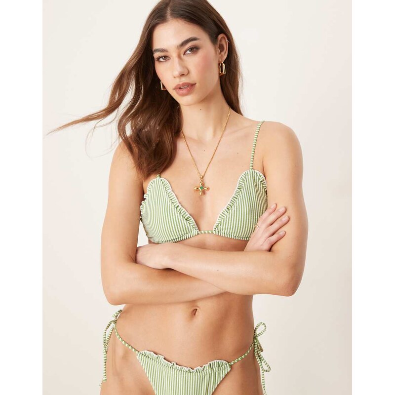 ASOS DESIGN Anna seersucker triangle bikini top in green stripe 105002671