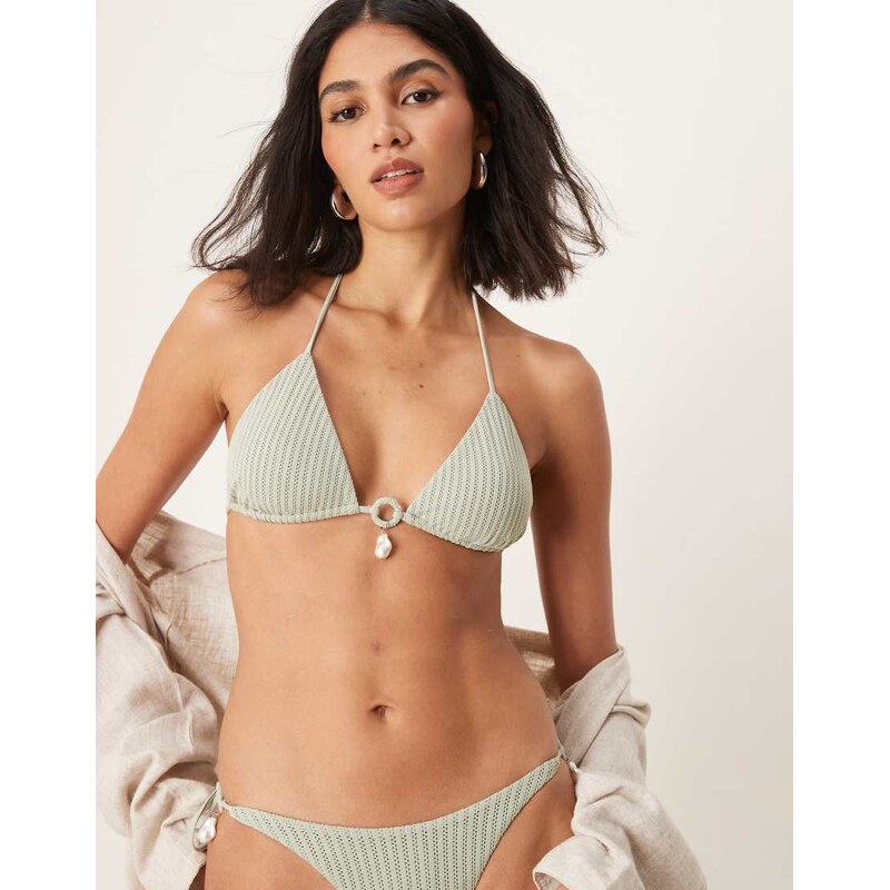 ASOS DESIGN Kai textured high apex triangle bikini top with pearl trim 105002697