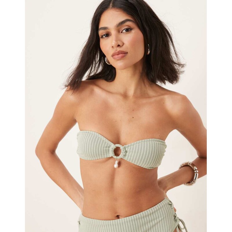 ASOS DESIGN Kai textured bandeau bikini top with pearl trim in sage 105412136