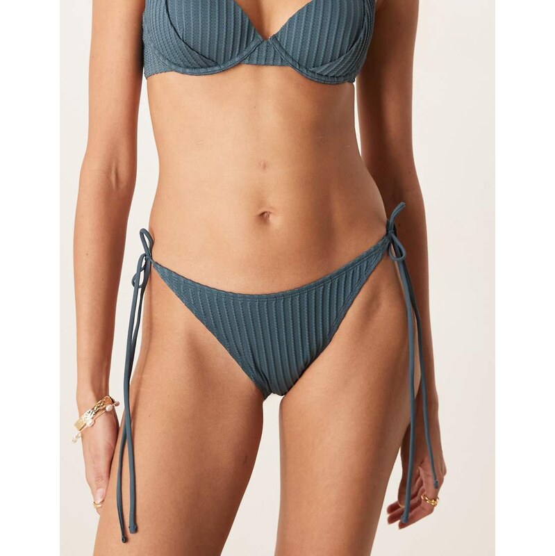 ASOS DESIGN Riddy rib high leg tie side bikini bottom in slate
