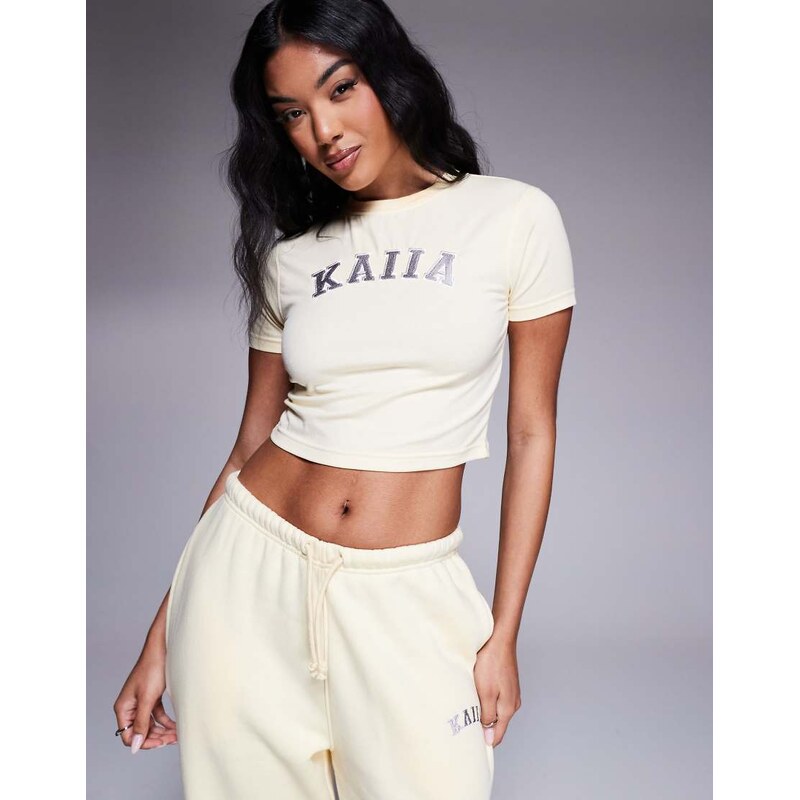 Kaiia cotton rich baby tee co-ord in soft yellow and dark grey 115609805