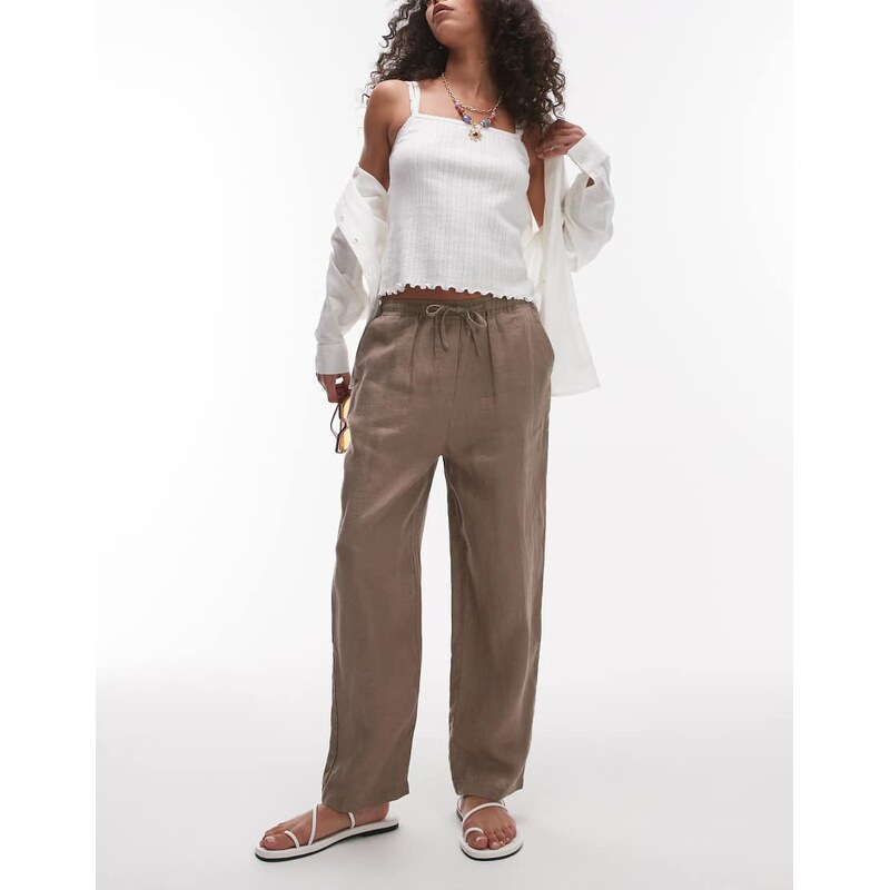 Mango tie waist linen trousers in brown 105002804