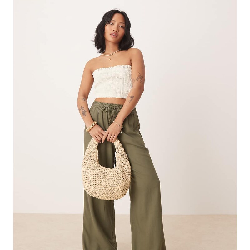 JDY Petite wide leg linen trouser in khaki-Green