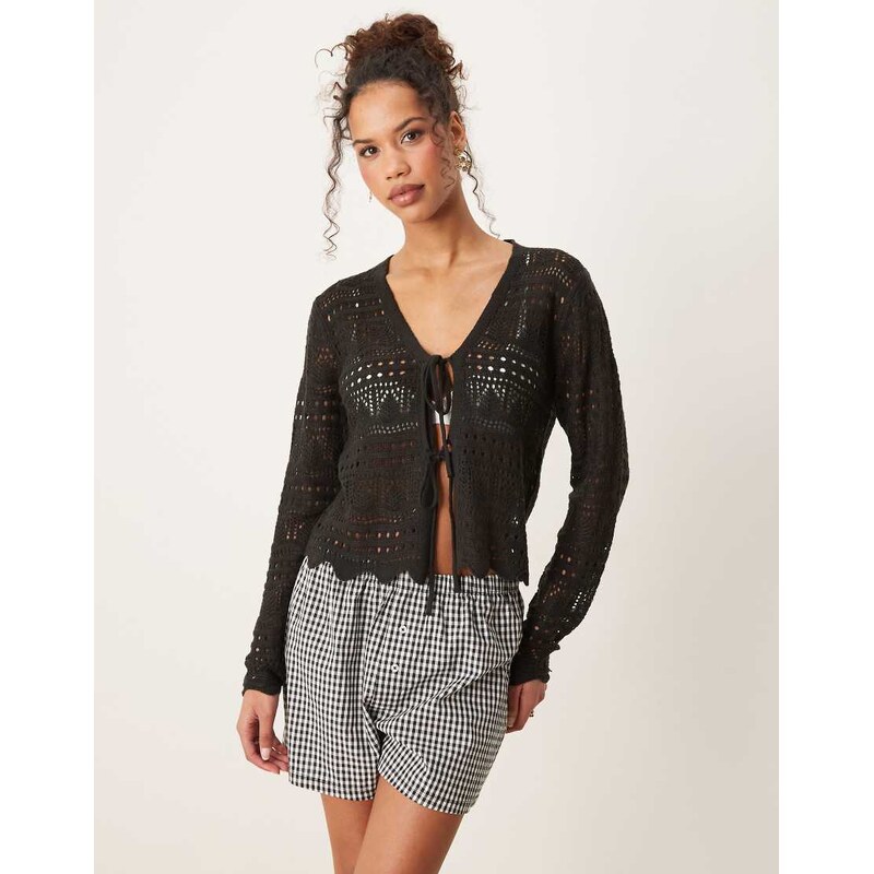 JDY tie front crochet cardigan in black 105006617