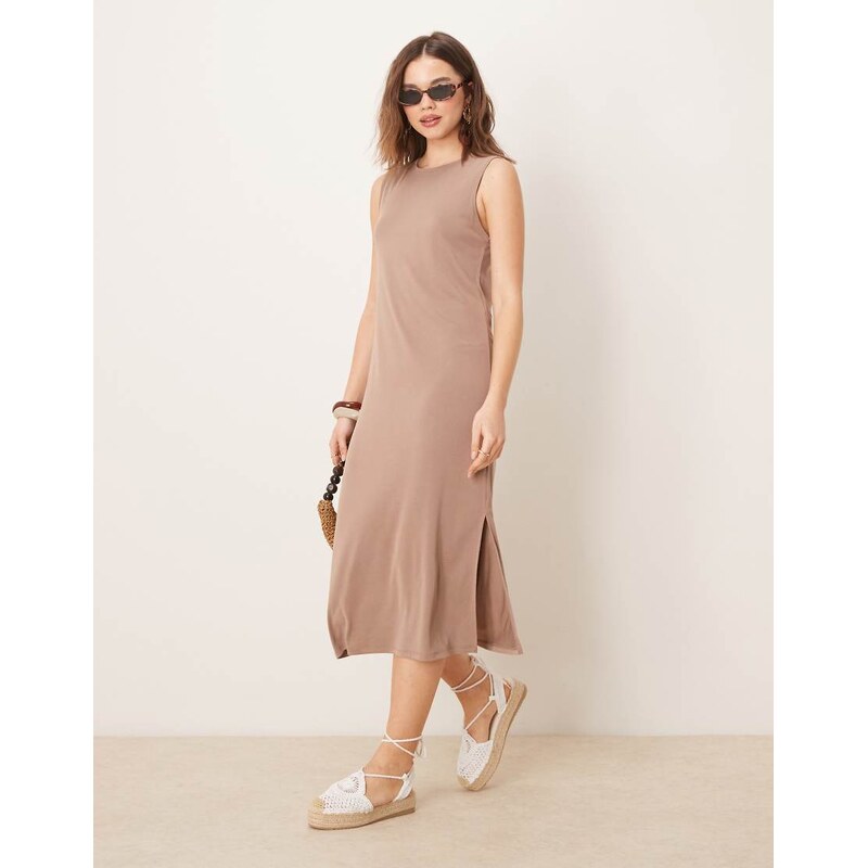 Vila sleeveless jersey midi dress in camel-Neutral