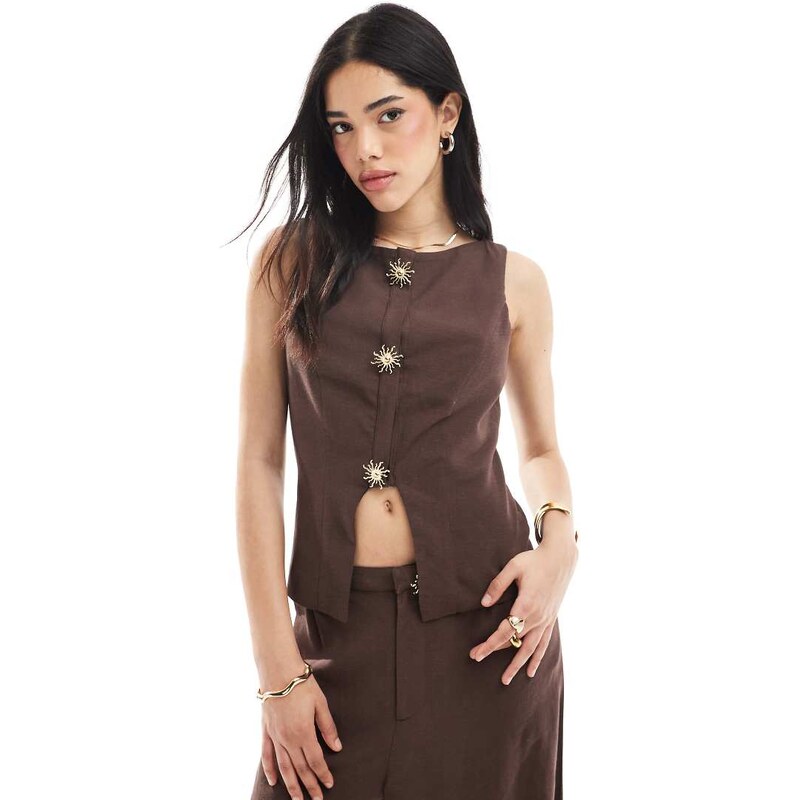 ASOS DESIGN linen blend trim detail waistcoat in chocolate-Brown 105091400