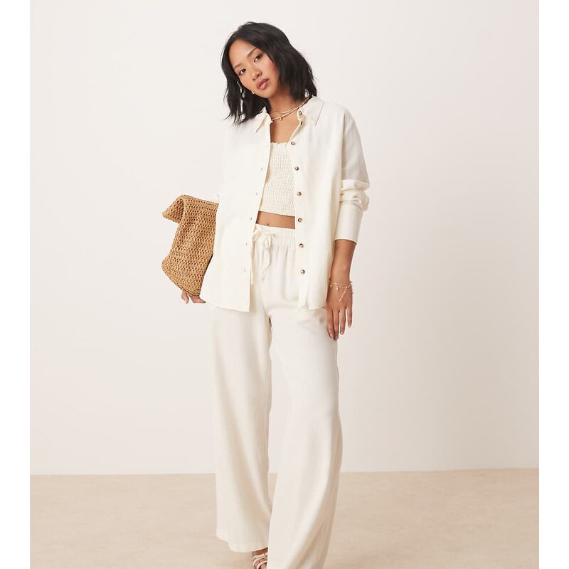 JDY Petite wide leg linen trouser co-ord in white