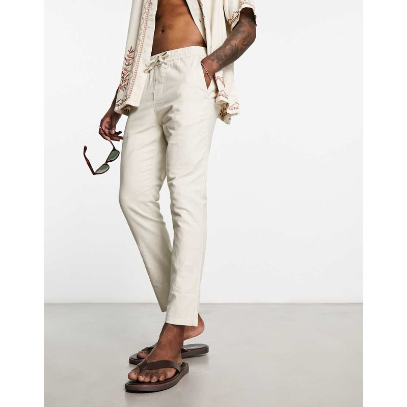 ONLY & SONS linen mix cropped trouser in beige-Neutral