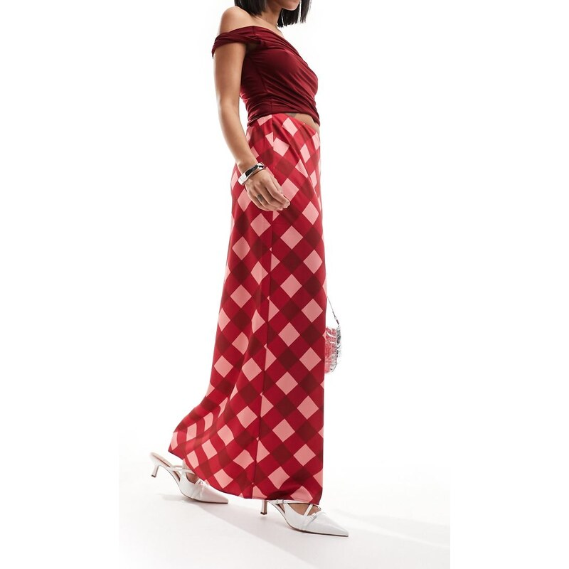 The Frolic exclusive satin maxi skirt in red and pink check 105020122