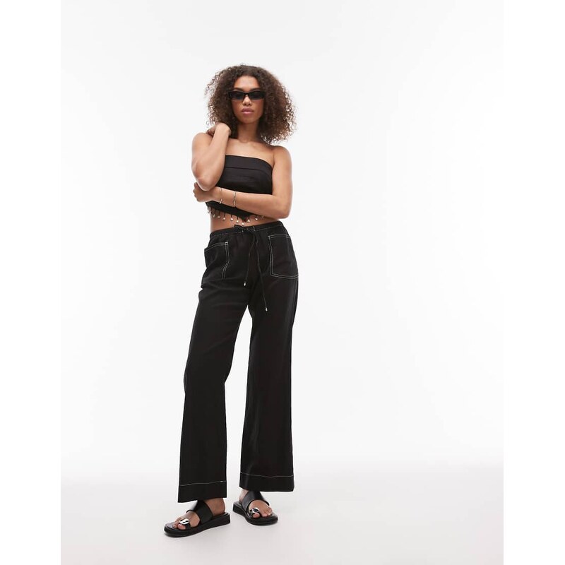 Emory Park drawstring wide leg linen trousers in black 105011991