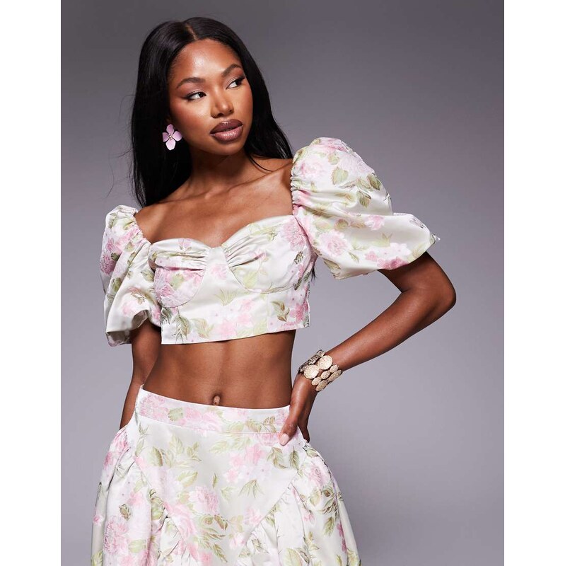 ASOS LUXE co-ord jacquard puff sleeve top in tulip jacquard-Multi 105240521