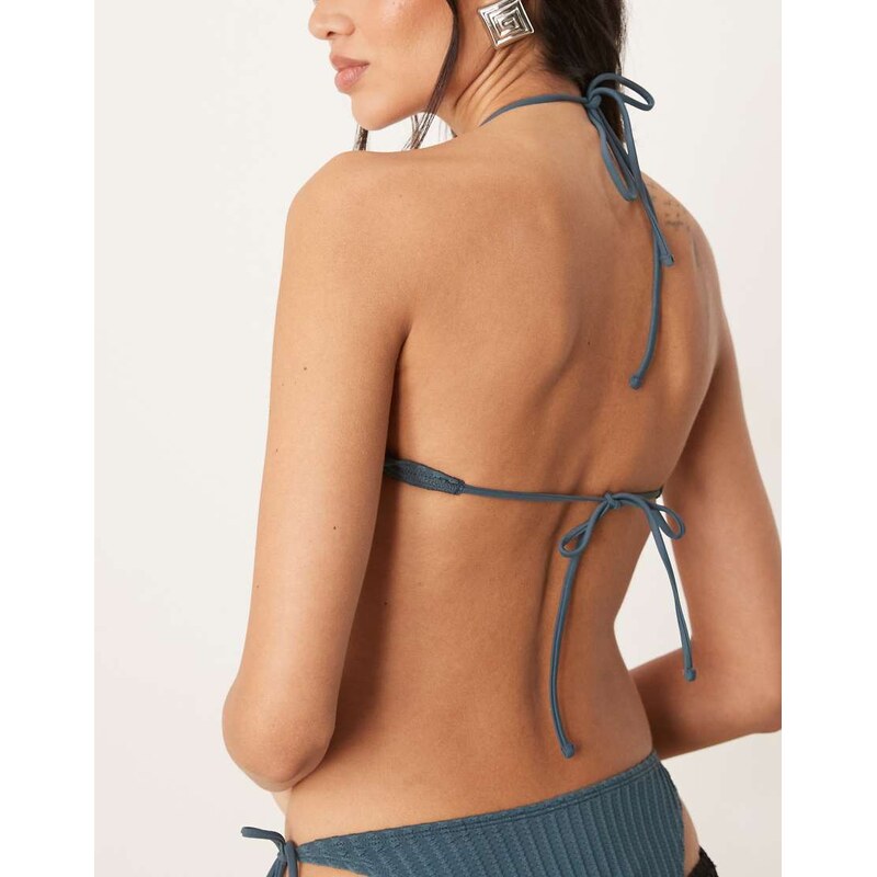 ASOS DESIGN Riddy rib scoop halter bikini top in slate blue-Grey
