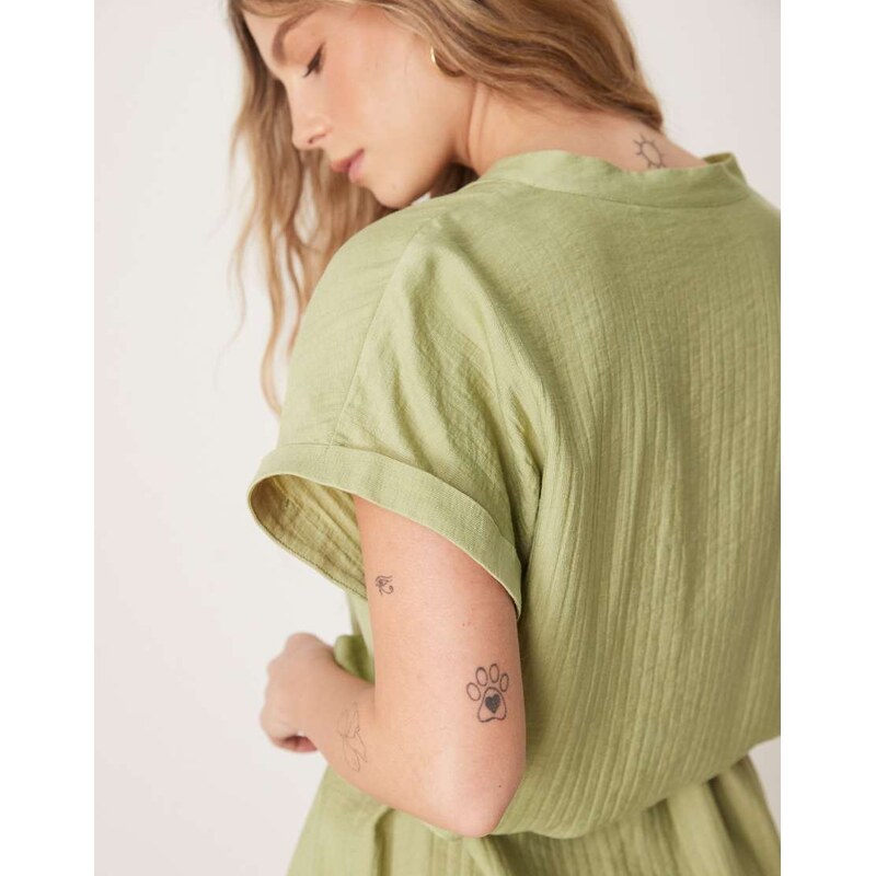 Vila short sleeve tie waist notch neck mini dress in khaki-Green