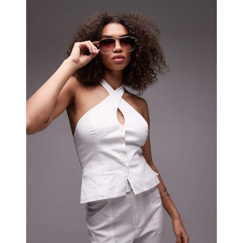 Emory Park wrap neck linen halter top co-ord in white 105070009