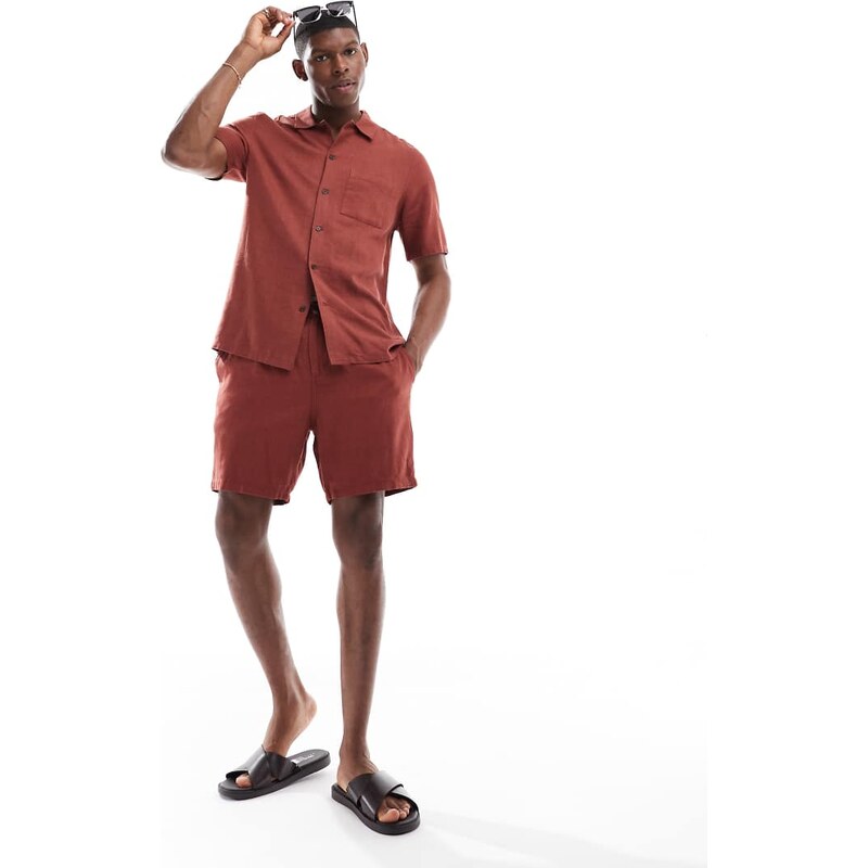 New Look pleat front linen-blend shorts co-ord in rust-Brown