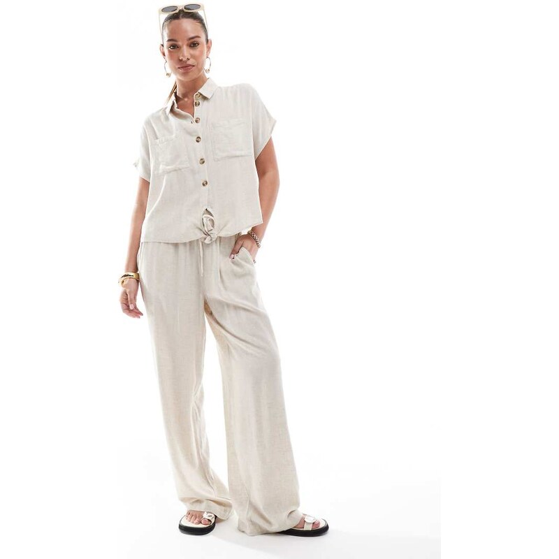 Pieces wide leg linen blend trousers co-ord in cream-White 109733166