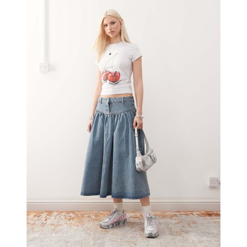 COLLUSION denim midi skirt in mid wash-Blue 105029057