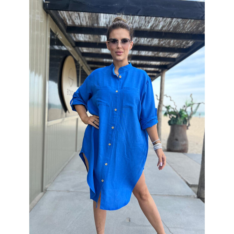 Edoti Linen, shirt dress with stand-up collar