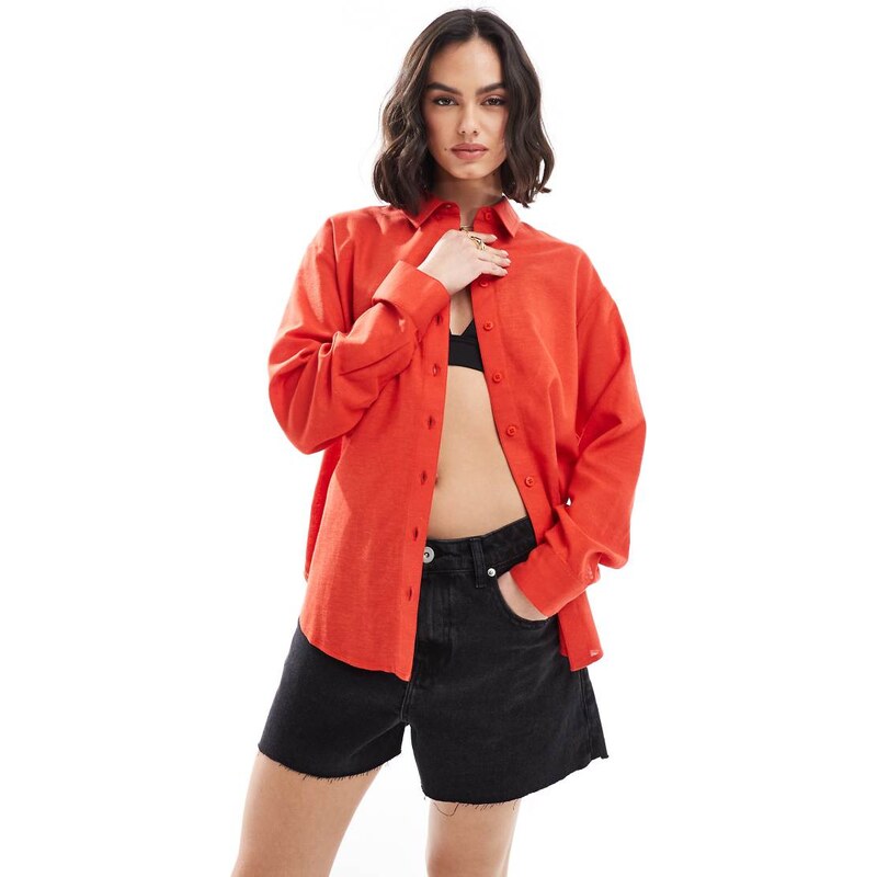 ASOS DESIGN linen blend shirt in red 105031389