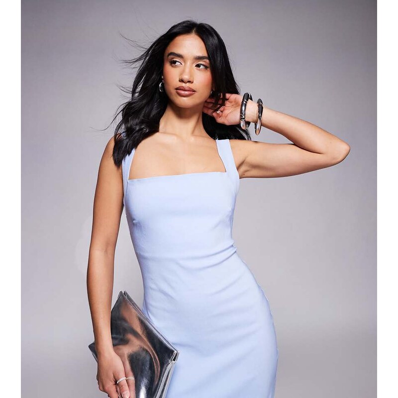 Vesper Petite bengaline square neck scoop back midaxi dress in light 115631956