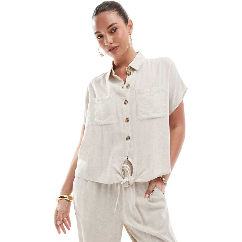 Pieces tie front linen blend shirt co-ord in cream-White