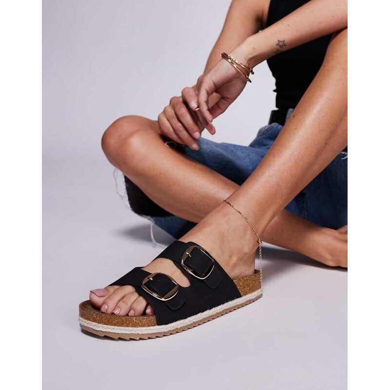 South Beach double buckle espadrille sandals in black textile 109773673