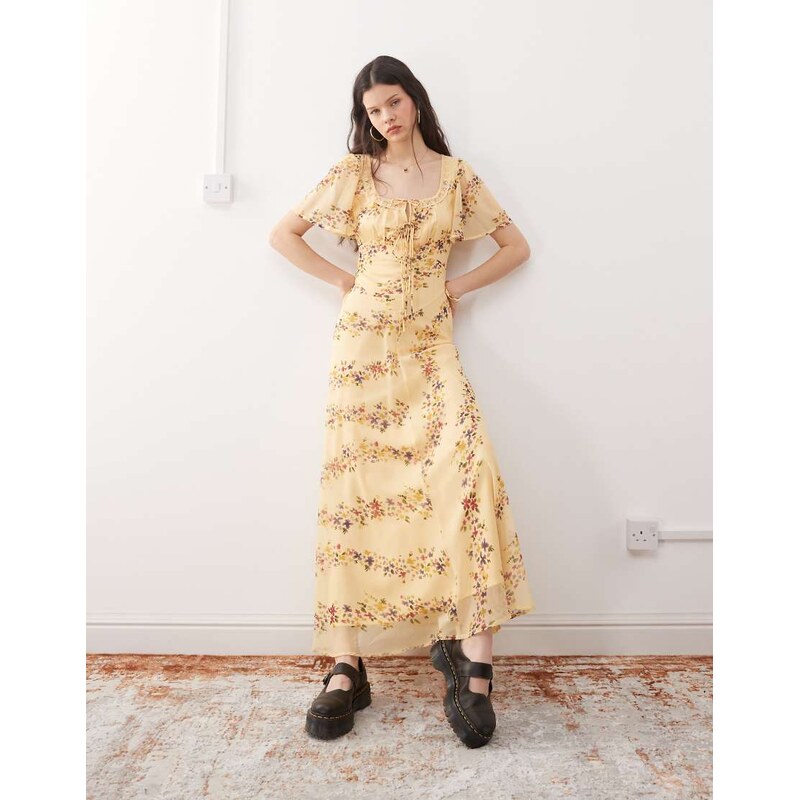 Reclaimed Vintage maxi tea dress with lace in ditsy butter yellow 105058734