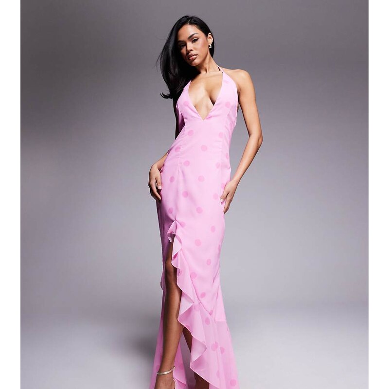 Murci exclusive halterneck deep plunge ruffle high low hem maxi