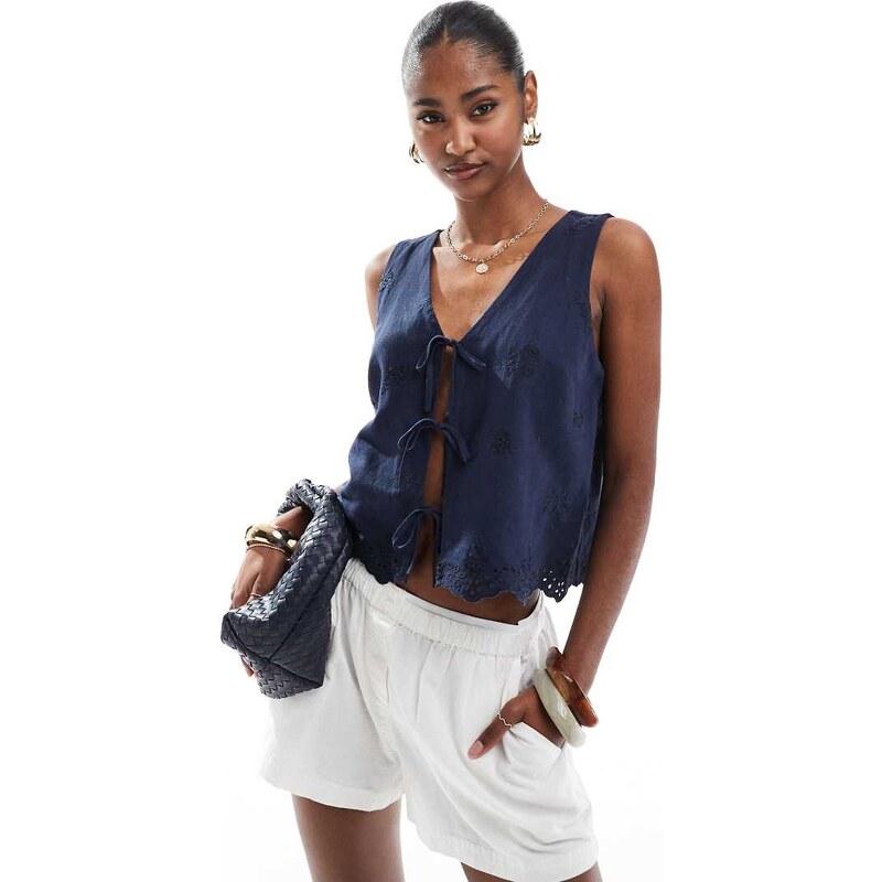 Hollister tie front linen top in navy blue 105031489