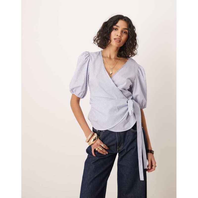ASOS DESIGN cinched wrap top in blue stripe-Multi 105041069