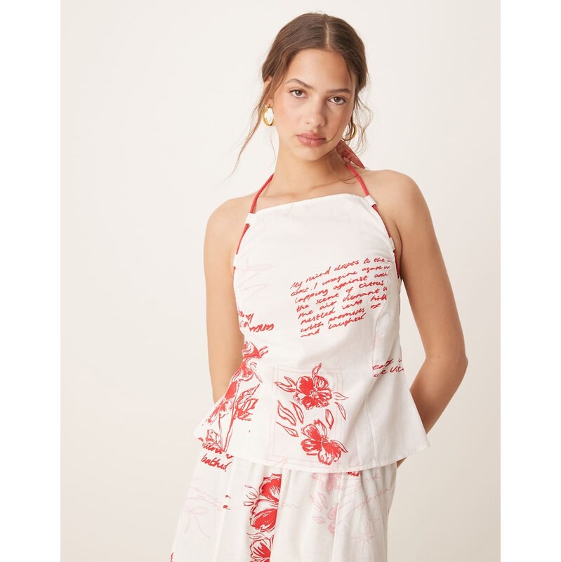 ASOS DESIGN co-ord halter cami with rope ties in red floral print 105040854