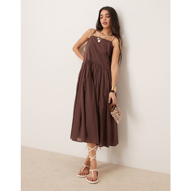 ASOS DESIGN dropped waist midi sundress in chocolate-Brown