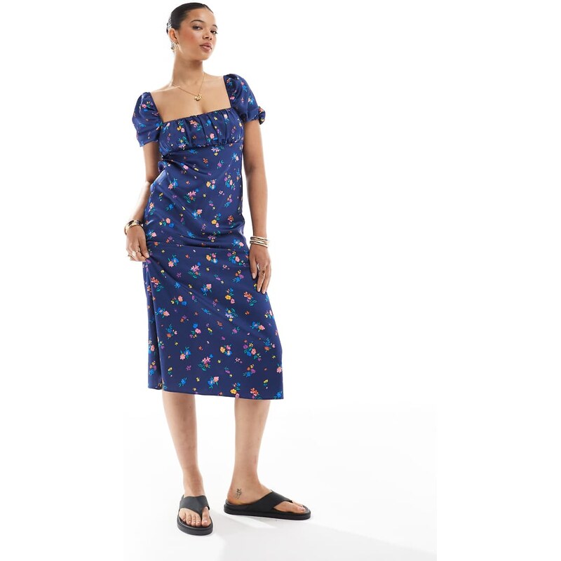New Look ditsy floral milkmaid satin midi dress in blue 105102000