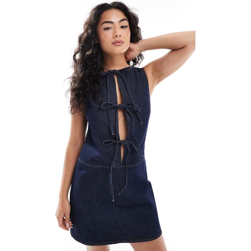 ASOS DESIGN denim tie front shift dress in indigo-Blue 105047615